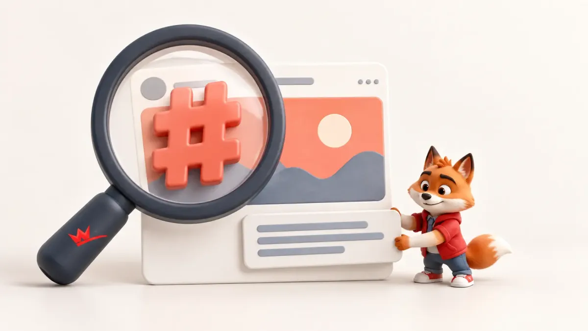 Instagram’da hashtag ile anahtar kelimenin farklı görevlerini inceleyen küçük turuncu tilki maskotu