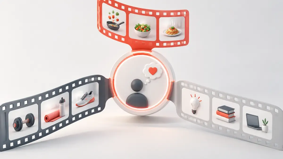TikTok profil sözü ile üç içerik serisinin aynı izleyici sorusunda birleşmesini gösteren sade akış
