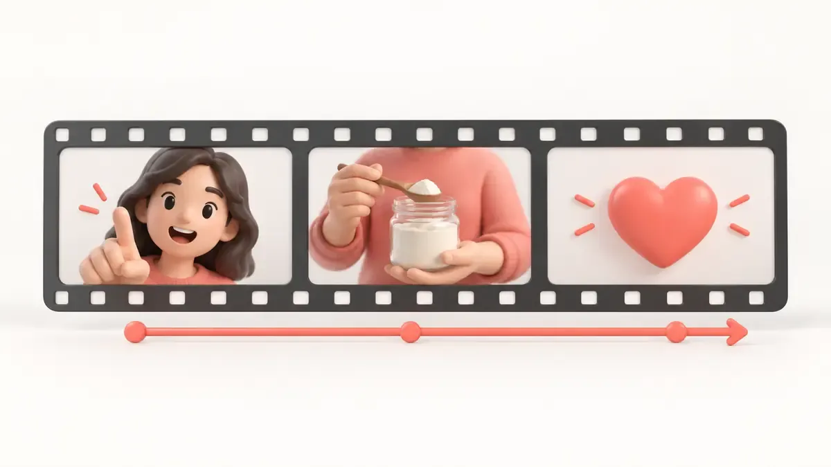 TikTok videosunda açık başlangıçtan yararlı anlatıma ve beğeniye uzanan üç kareli sade akış