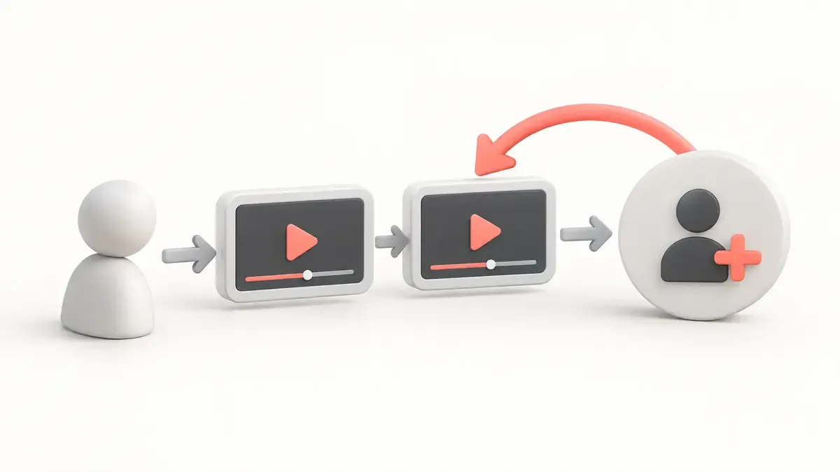 Bir izleyicinin iki yararlı videodan kanal profiline ve abone kararına ilerlediği sade yol