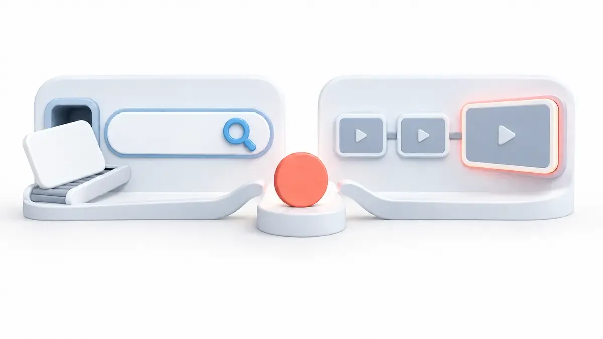 Bir YouTube videosuna arama kutusundan gelen açık soru ile ana sayfadan gelen öneri yolunu karşılaştıran sade düzen