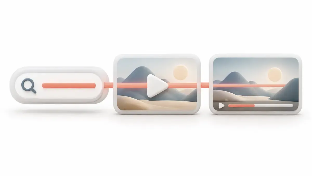 YouTube arama sonucundan küçük resme ve videonun ilk bölümüne uzanan üç adımlı sade yol