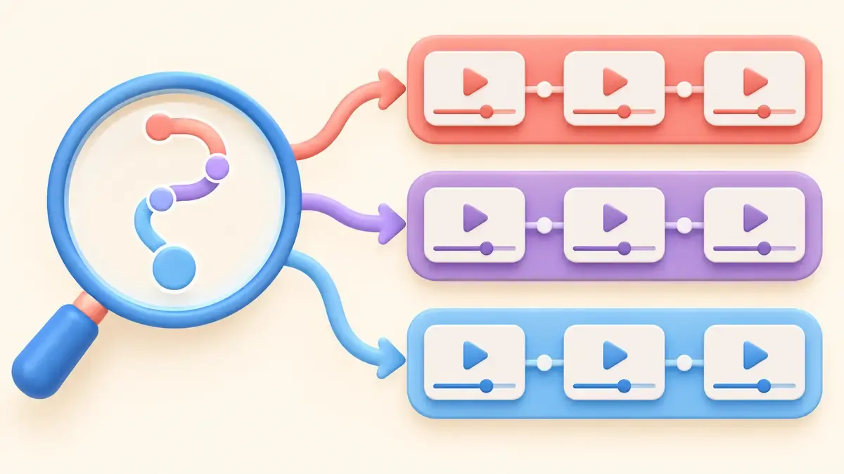 Bir izleyici sorusunun üç konu rafına ve bağlantılı video sıralarına ayrıldığı başlıksız düzen