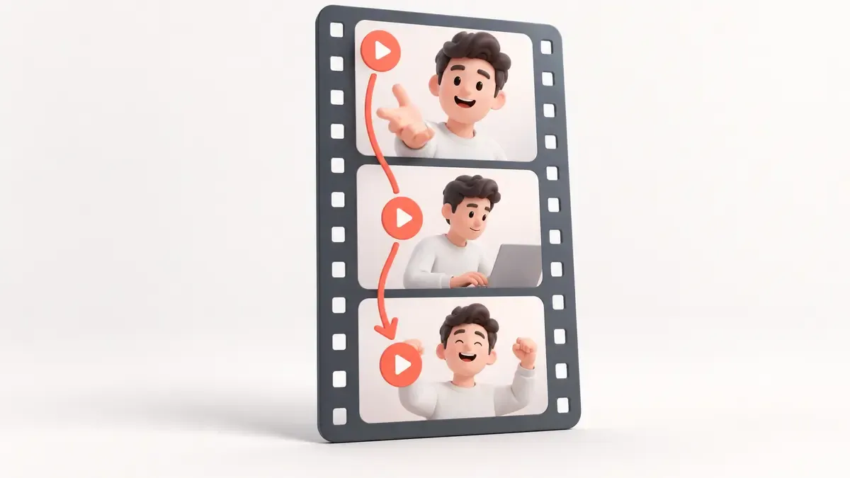 Dikey kısa videoda açık başlangıçtan yararlı anlatıma ve tamamlanan izlemeye uzanan üç kareli akış