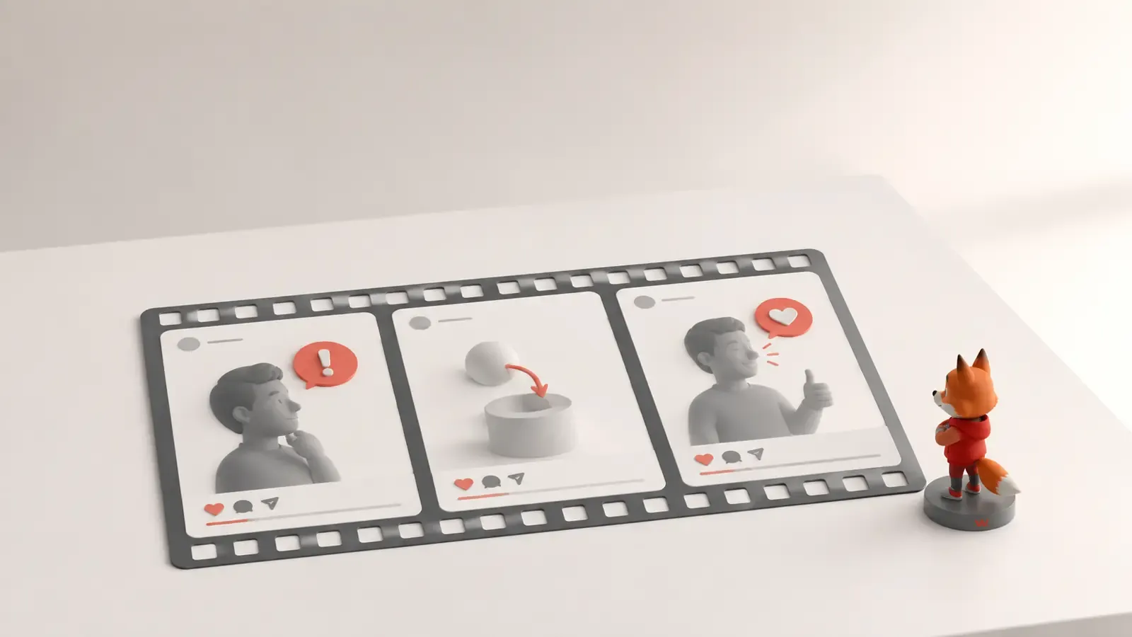Üç karelik Reels anlatımını çalışma masasında inceleyen küçük Wubito maskotu