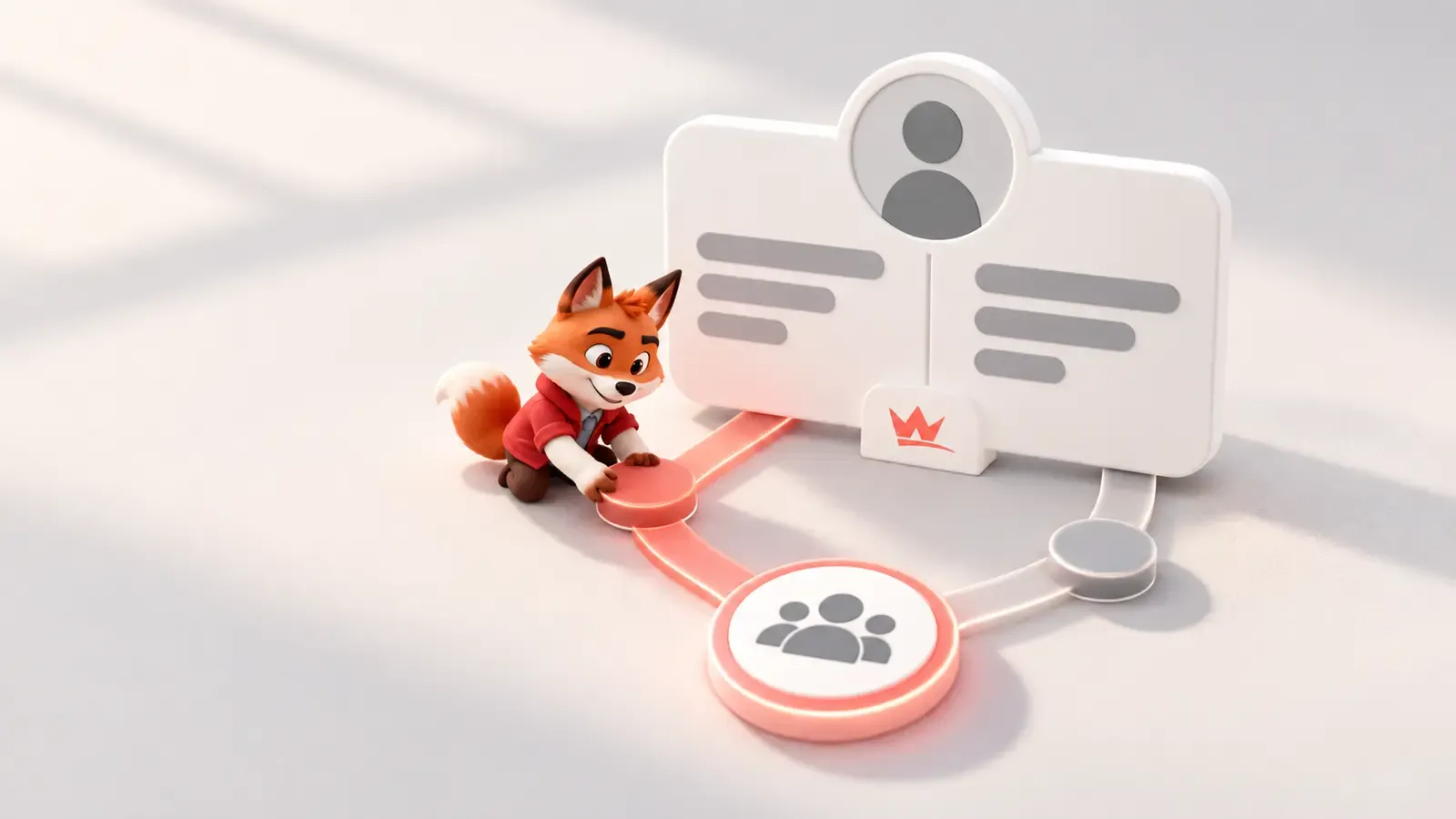 TikTok biyografi alanından ilgili izleyici grubuna uzanan sade takip geçişi ve küçük kırmızı maskot