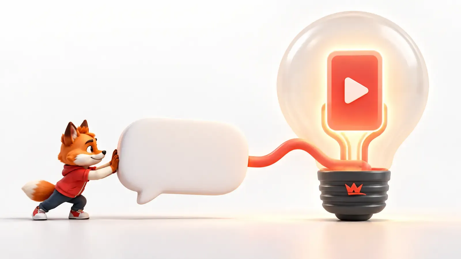 Müşteri sorusunu kısa video fikrine dönüştüren küçük turuncu tilki maskotu ve ışıklı fikir simgesi