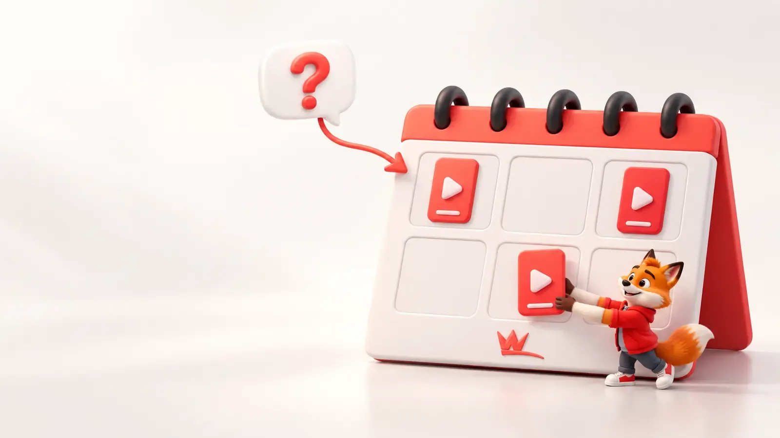 TikTok içerik takvimine üç video yerleştiren küçük turuncu tilki maskotu