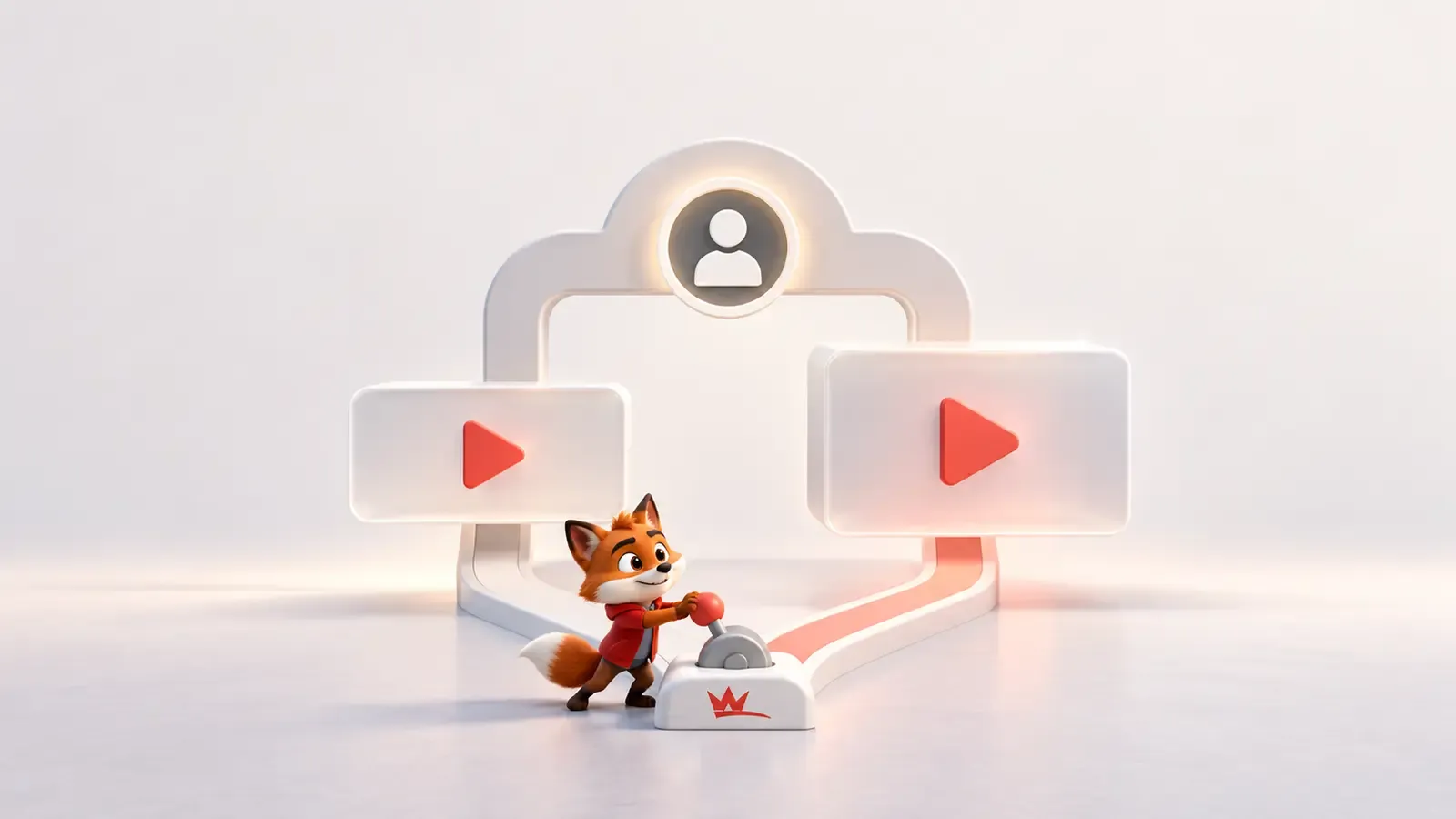 YouTube kanal girişinde fragman ve öne çıkan video seçeneklerini ayıran sade sahne ve küçük kırmızı maskot