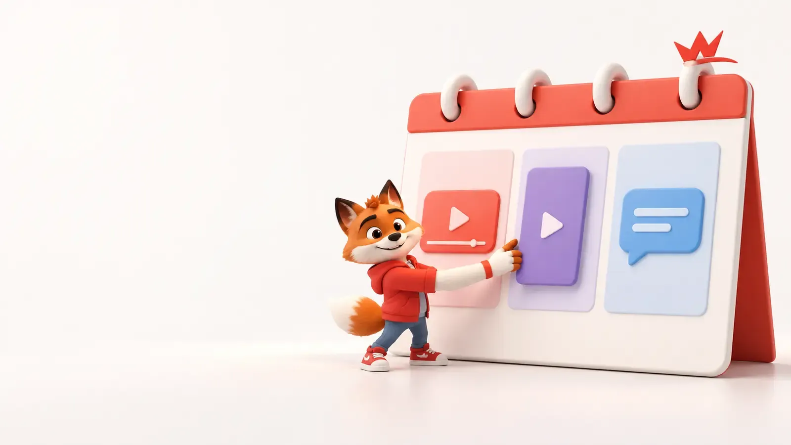Üç YouTube içerik biçimini sade haftalık takvime yerleştiren küçük turuncu tilki maskotu