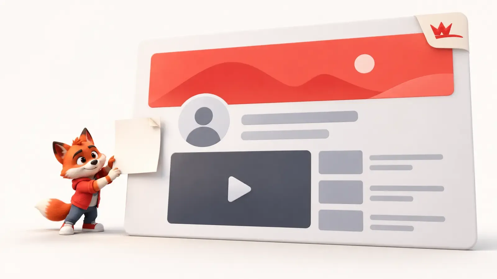 Kırmızı maskotun üst görsel, profil ve video bölümlerini tek YouTube kanal düzeninde hizaladığı sade sahne