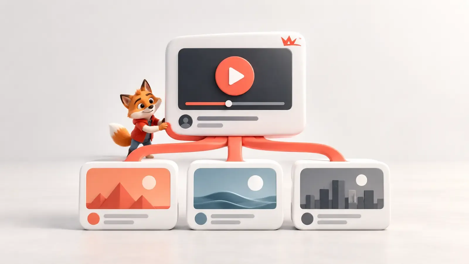 YouTube kanal sözünü üç video serisine bağlayan küçük turuncu tilki maskotu