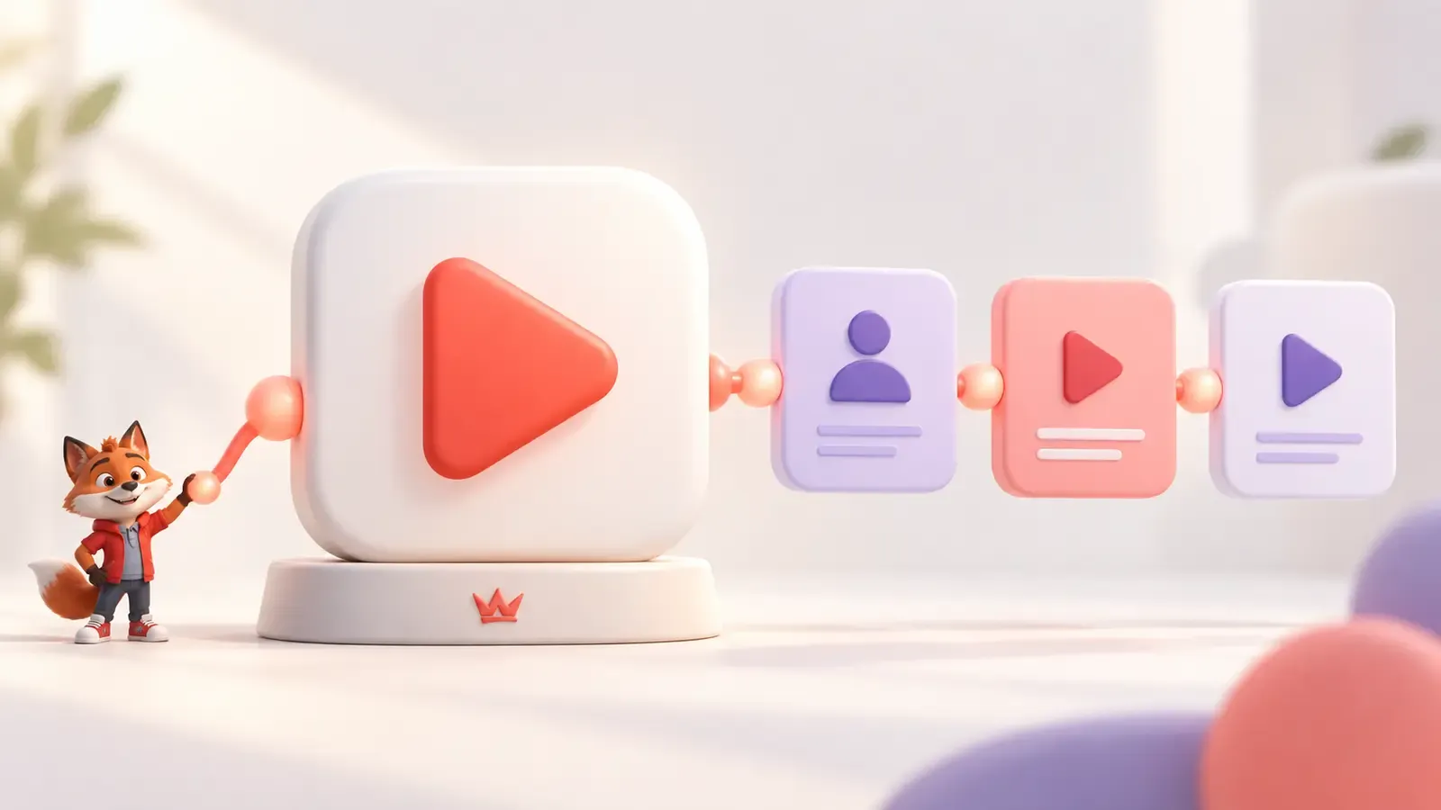 YouTube kanal vaadini Hakkında bölümünden üç video serisine taşıyan küçük turuncu tilki maskotu