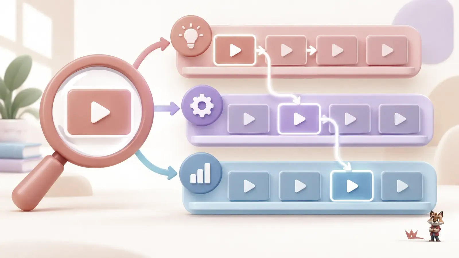 YouTube arama yolunu üç konu rafına bağlayan video kütüphanesi düzeni ve küçük kırmızı maskot