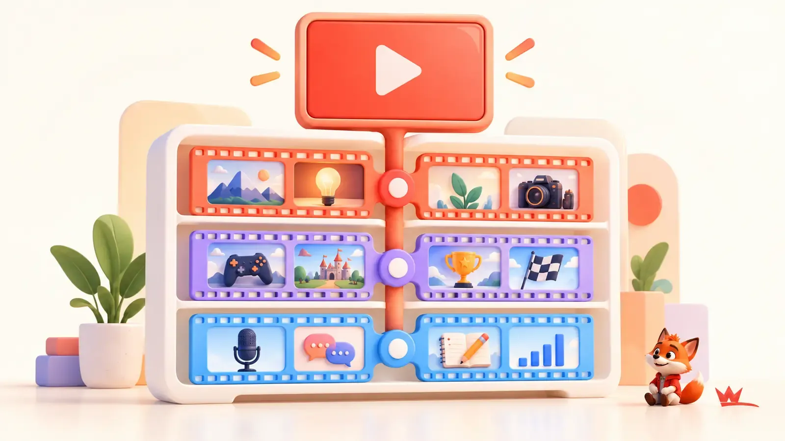 Üç YouTube programının tek kanal raf sisteminde buluşmasını gösteren sade düzen ve küçük kırmızı maskot