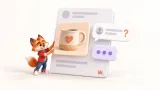 Genel TikTok trend kalıbını gerçek müşteri ve ürünle yeniden kuran küçük turuncu tilki maskotu
