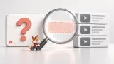 Turuncu tilki maskotunun izleyici sorusu ile mevcut videoları büyüteç altında karşılaştırdığı sade sahne