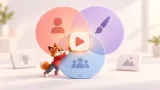 Üç konu işaretini tek YouTube video fikrinde birleştiren küçük turuncu tilki maskotu