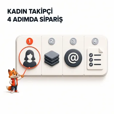 Türk kadın profil türü, miktar, kullanıcı adı ve sipariş özetini gösteren dört bölümlü Wubito görseli