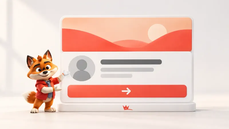 Bir Facebook işletme sayfasının kimlik, bilgi ve ana düğme alanlarını düzenleyen küçük turuncu tilki maskotu