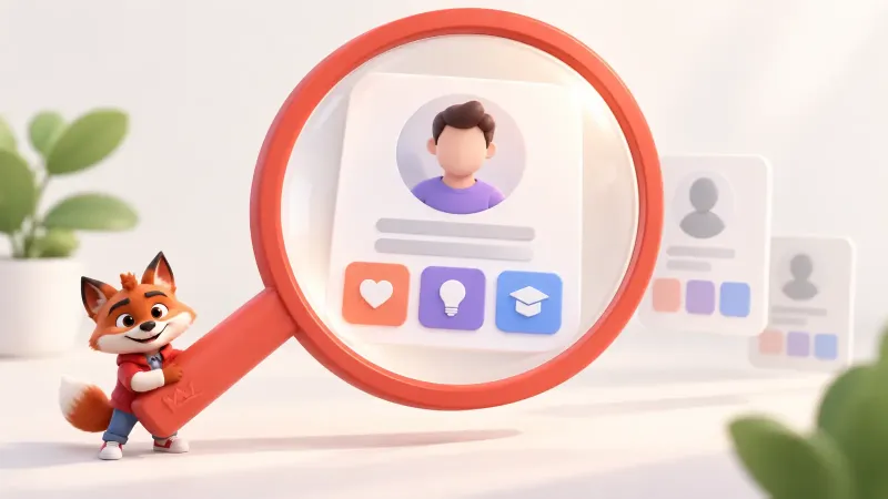 Arama sözünü Instagram profili ve gönderilerle eşleştiren küçük turuncu tilki maskotu