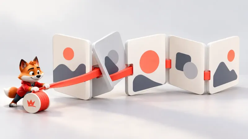 Instagram carousel slaytlarındaki on iki akış sorununu yeniden sıralayan küçük turuncu tilki maskotu
