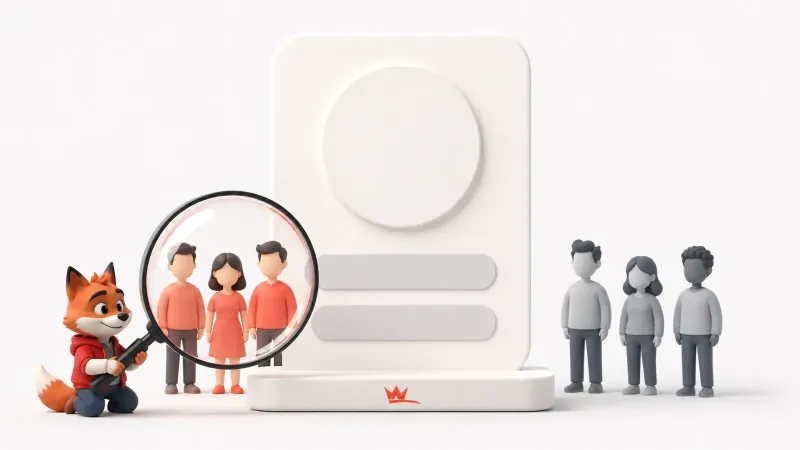 Büyük sosyal medya profilinin önünde bir kitle grubunu araştırma merceğiyle inceleyen Wubito maskotu ve ikinci karşılaştırma grubu