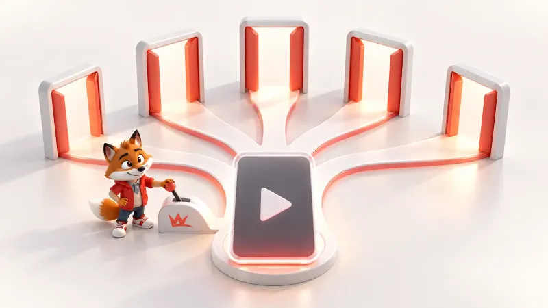 Aynı TikTok video fikrinin beş farklı açılış kapısına ayrıldığı sade sahne ve küçük kırmızı maskot