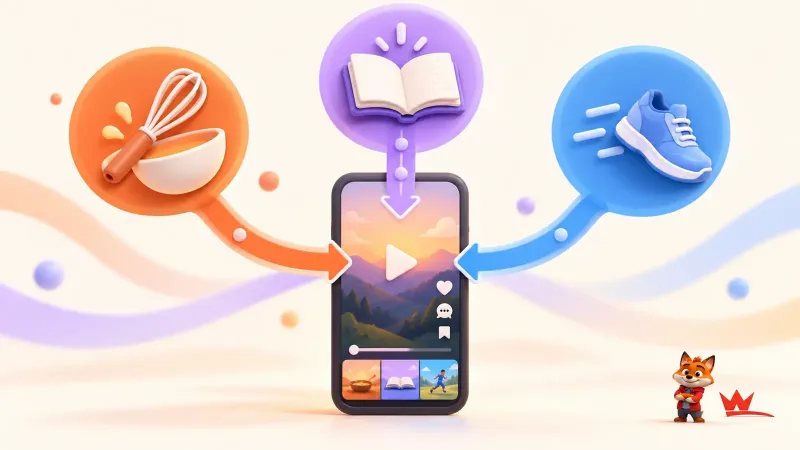 Üç farklı konunun tek TikTok yayın düzeninde birleşmesini gösteren sade akış ve küçük kırmızı maskot