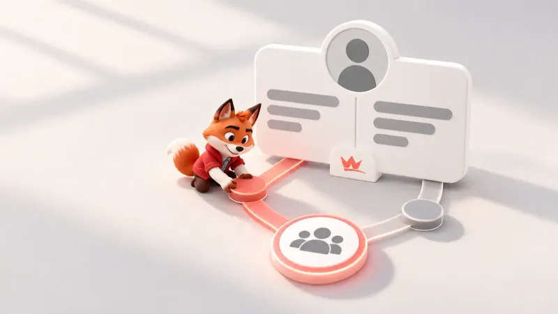 TikTok biyografi alanından ilgili izleyici grubuna uzanan sade takip geçişi ve küçük kırmızı maskot