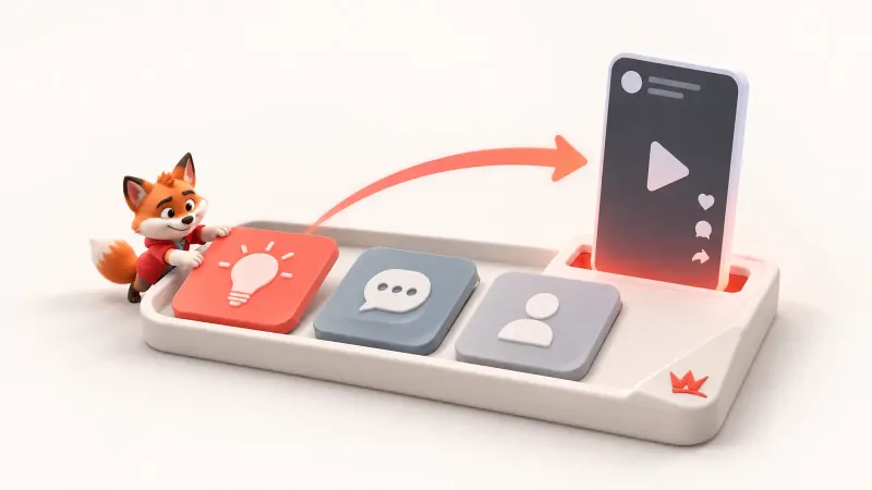 Kırmızı maskotun fikir kutusundan bir kısa video konusu seçtiği sade TikTok çalışma sahnesi