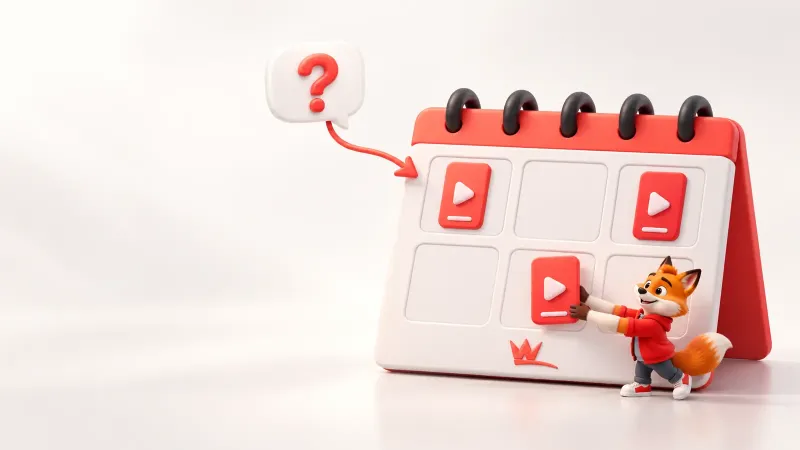 TikTok içerik takvimine üç video yerleştiren küçük turuncu tilki maskotu