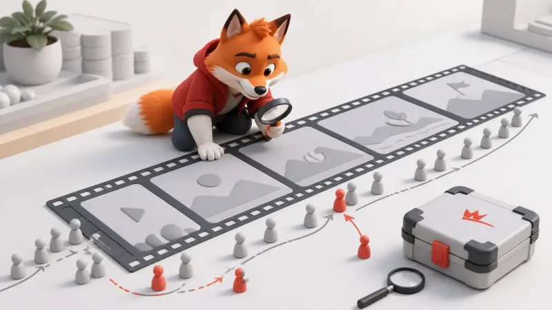 Video film şeridindeki izleyici kayıp noktalarını büyüteçle inceleyen Wubito tilki maskotu