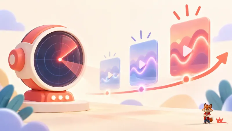 TikTok mikro trendinin zayıf sinyalden güçlü dalgaya ilerleyişini izleyen ölçer ve küçük kırmızı maskot