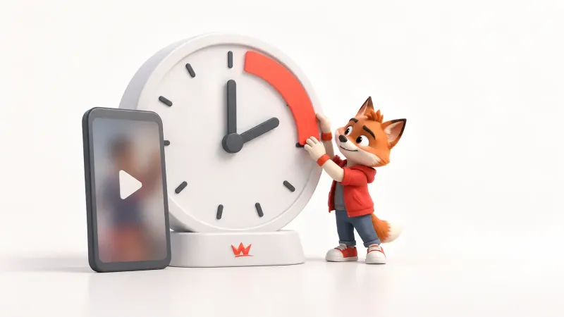 Büyük bir saat üzerinde kısa video paylaşım aralığını ayarlayan küçük turuncu tilki maskotu