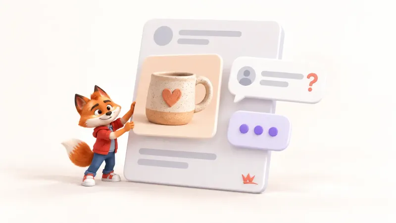 Genel TikTok trend kalıbını gerçek müşteri ve ürünle yeniden kuran küçük turuncu tilki maskotu
