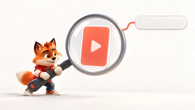 Kısa video görüntüsünü büyük bir arama merceğiyle inceleyen küçük turuncu tilki maskotu