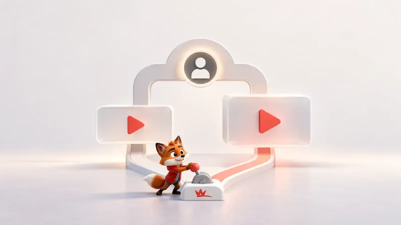 YouTube kanal girişinde fragman ve öne çıkan video seçeneklerini ayıran sade sahne ve küçük kırmızı maskot