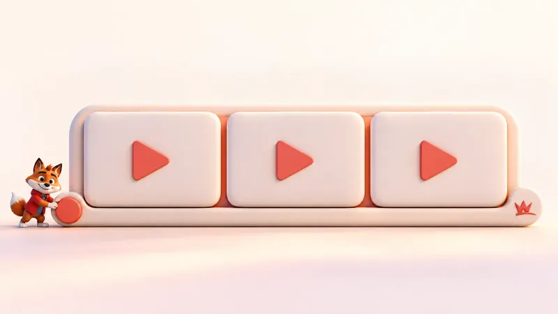 Üç büyük video parçasını tek oynatma sırasına yerleştiren küçük turuncu tilki maskotu