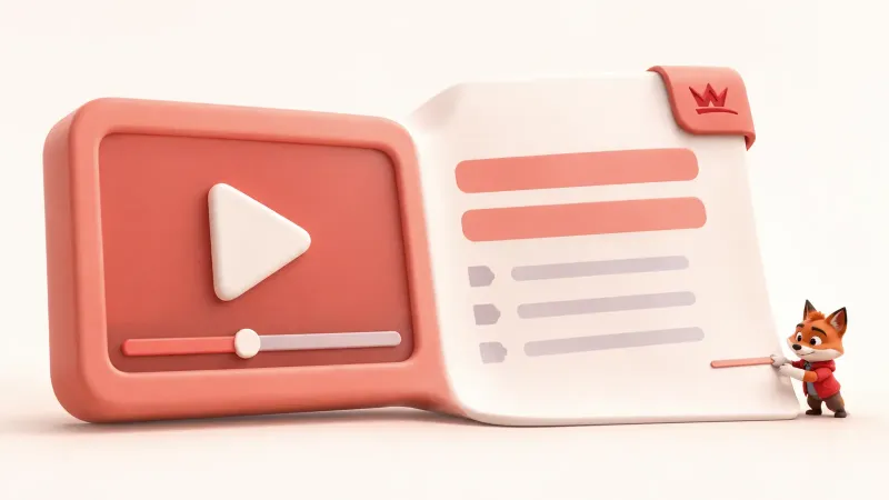 Büyük bir video görünümünden düzenli açıklama sayfasına geçişi gösteren küçük turuncu tilki maskotu