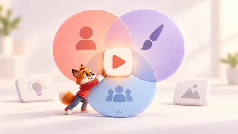 Üç konu işaretini tek YouTube video fikrinde birleştiren küçük turuncu tilki maskotu